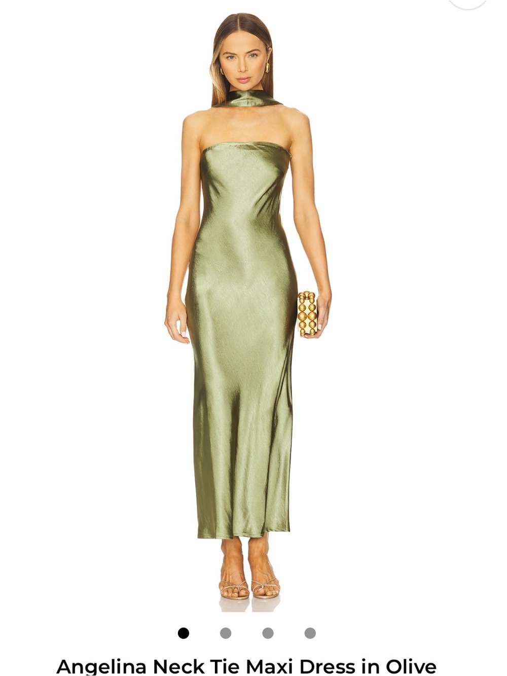 Strapless Neck-Tie Maxi Dress in Olive Satin